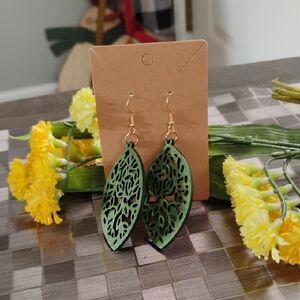 Vibrant Green Wood Filigree Dangle Earrings